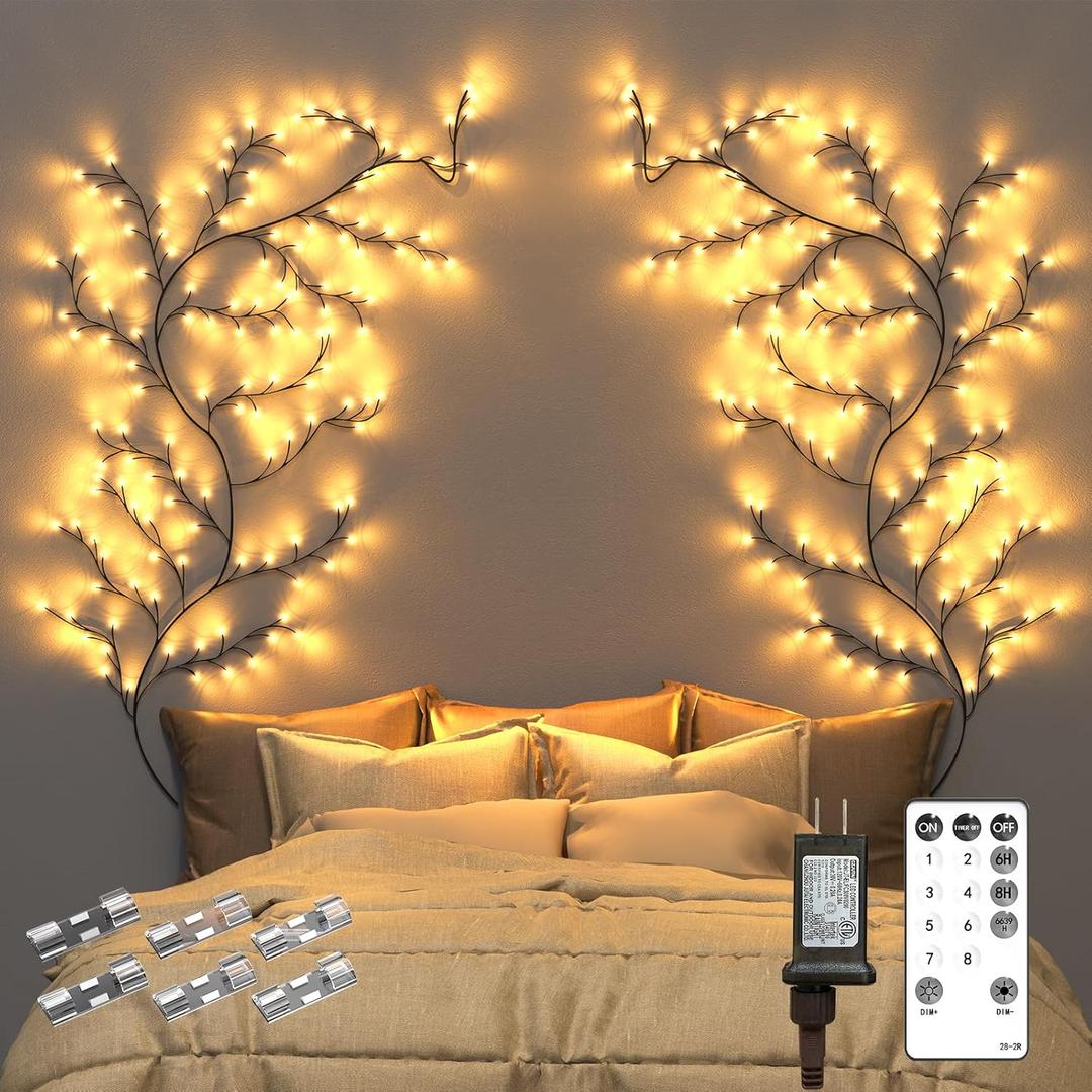 Enchanted Willow Vine Room Decor: 7.5Ft Christmas Decorations Flexible Fairy Lights with Remote Control, 144 LEDs Twinkle Tree Lighted Branches for Wall Bedroom Living Room (2 Pack)
