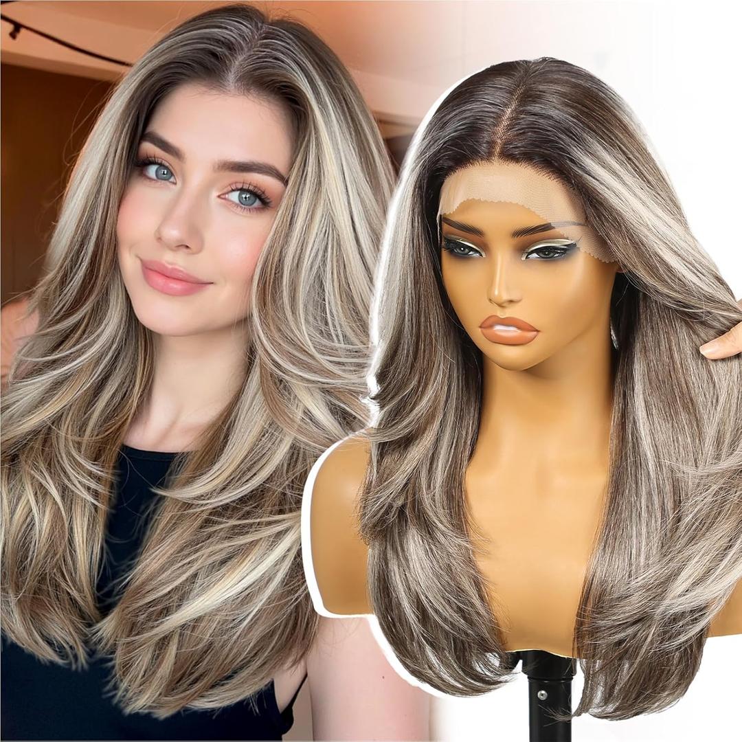 Ash Brown Synthetic Lace Front Wig,13X6 Long Straight Layered Glueless Wigs for Women Daily Use 24IN#TTF4/606