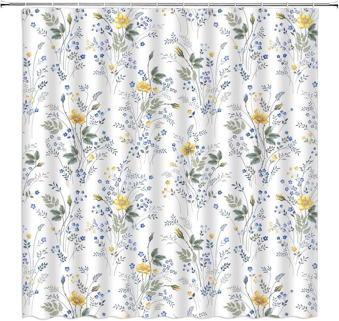 Floral Plant Shower Curtain Country Wildflower Vintage Garden Flowers Botanical Classic Boho Fabric Decorative Bathroom Curtains with Hooks,Blue Yellow Green (70"W x 70"L (Pack of 1))