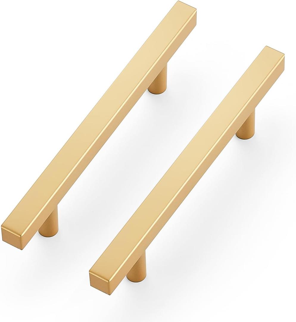 Ravinte 10 Pack Brass 4 Inch Hole Center Champagne Gold Handles Square Cabinet Hardware Stainless Steel Pulls for Kitchen Cupboard Drawers 6-3/8 Inch Overall Length