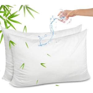 Gogreen Bamboo Rayon Waterproof Pillow Protector, Breathable Pillow Cover, Cooling Pillow Case Protector with Zipper, Super Soft Pillow Case Cover with Zipper (2 Packs, Queen 20"x30", White, Terry)