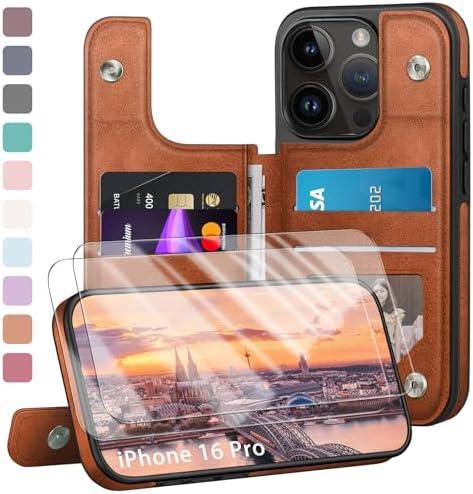 DJDUCK Compatible with iPhone 16 Pro Case Wallet, Card Holder Case with [2 Screen Protectors] Cover with [RFID Blocking Leather] Shockproof Women Men Cases 6.3" for Apple 16 Pro Light Brown