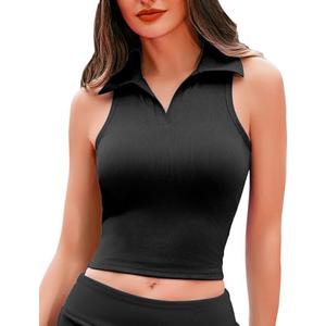 HyMeYou Women Workout Crop Top Built in Bra Ribbed Athletic Tank Tops Casual Sleeveless Collar Shirts Padded Sports Yoga Vest, Size Extra Large, Black