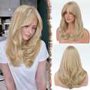 FESHFEN Dirty Blonde Wigs with Bangs, Synthetic Natural Looking Long Layered Straight Hair Wig for Women Daily Party Use, 18 inch