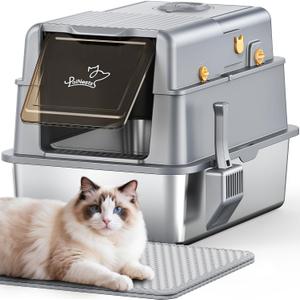 L7 Pro-Stainless Steel Litter Box with Lid, XXL Extra Large Enclosed Metal Cat Box for Kitty&Big Cats, Odor Control - Cat Litter Deodorizer, High Sided Enclosure with Scoop & Mat, Anti-Leakage-Grey