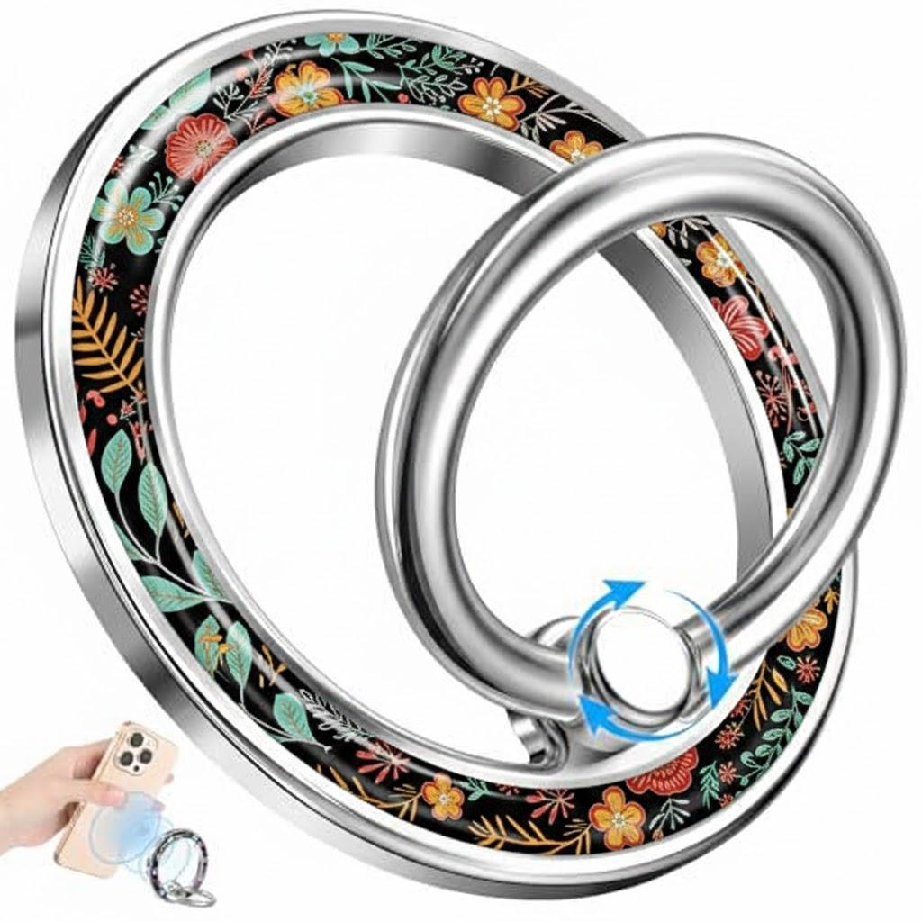 LISEVO Phone Ring Holder Compatible with MagSafe - Magnetic Cell Phone Grip Women Girls Magnet Removable Finger Ring Grip Stand Black Floral for iPhone 17 16 15 14 13 Pro Max Plus Air