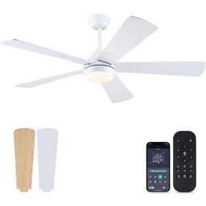 Asyko Ceiling Fans with Lights - 52" Low Profile Ceiling Fan with Led Light and Remote/App, Modern Flush Mount Fan Light Fixture with Reversible DC Motor, Indoor and Outdoor Ceiling Fans-White