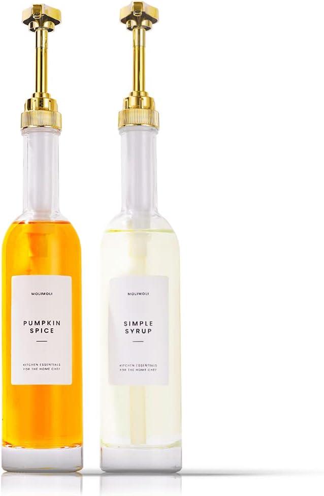 MoliMoli Coffee Syrup Dispenser for Coffee Bar, 350mlCoffee Pump Dispenser, Glass Syrup Bottle w. Pumps, Simple Syrup Dispenser w. Labels,Set of 2, (Gold) (350ml, Set of 2 Slim)