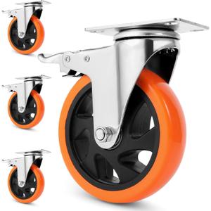 W B D WEIBIDA Swivel Caster Wheels for Cart, 5 Inch Industrial Heavy Duty Casters Set of 4, Top Plate Casters with Brake, No Noise Polyurethane Wheels for Cart, Furniture, Workbench