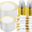 N9R 350 PCS Gold Plastic Dinnerware Set for 50 Guests, Gold Plastic Plates, Disposable Plate for Party, Include: 50 Dinner & Dessert Plates, 50 Pre Rolled Napkins with Silverware and 50 Cups