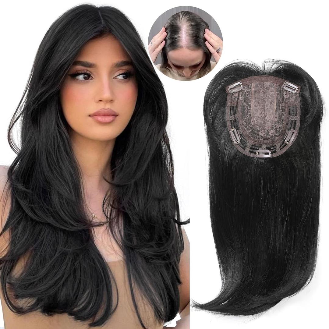 HOOJIH Hair Topper, Long Layered Topper with Bangs for Women with Thinning Hair 18 Inch Slightly Curled Ends Wiglets Synthetic Fiber Pieces for Women - Black