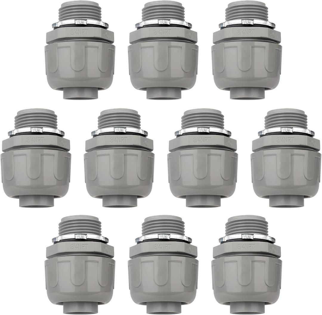 Conduit Connectors, 3/4 Inch Liquid Tight Connector NPT Non-Metallic for PVC Electrical Flexible Conduit Fittings, 180 Degree Straight, UL Listed for Home Outdoor Tubes Tools, Grey (10-Pack)