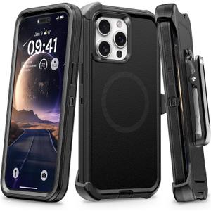 TUTUKII for iPhone 15 Pro Max Case Belt Clip Holster [Compatible with Magsafe] Military Grade [ Shockproof] [Dropproof] Heavy Duty Protection Kickstand Magnetic Phone Case 15 Pro Max 6.7" Dark Black