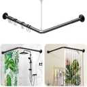 L Shaped Shower Curtain Rod - [23''-53''] x [23''-53''] Adjustable Corner Shower Curtain Rod 90 Degree Black for Bathroom Bathtub, Clothing Store with 12 Ring Hooks & Ceiling Support