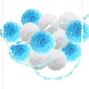 Blue Party Decorations Paper Pom Poms for Baby Shower, Wedding, Birthday, Wedding, Graduation, Outdoor Decor 18 pcs