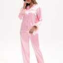 MORFORU Satin Pajama Set for Women Feather Trim Long Sleeve Pjs with Sleep Mask Headband Scrunchie Sleepwear Lounge Set (Pink), Small