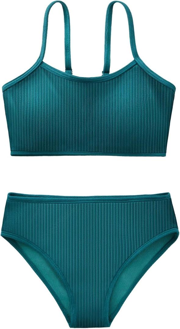 Girl's 2 Piece Swimsuit Solid Spaghetti Strap Bikini Sets Beach Bathing Suit Swimwear for Teen Kids (Dark Green) 11-12 Years