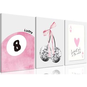 JBZZD Pink Coquette Canvas Wall Art Set of 3 Trendy Preppy Disco 8 Ball Cherry Wall Decor Posters Room Decor Prints Pictures for College Apartment Girls Bedroom Living Room Framed 16x24 In, 24L x 16W