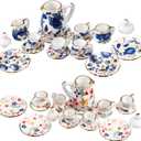 Geiserailie 1 Set 1:12 Dollhouse Miniature Porcelain Tea Cup 30 Pieces Mini Flowers Pattern with Golden Trim Teapot Cup Plate Dollhouse Kitchen Accessories (Blue/White)