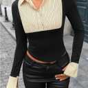 Women's Striped Button Front Collared Blouse Shirts Long Sleeve Slim Fit Asymmetrical Hem Work Tops (Black, XS)