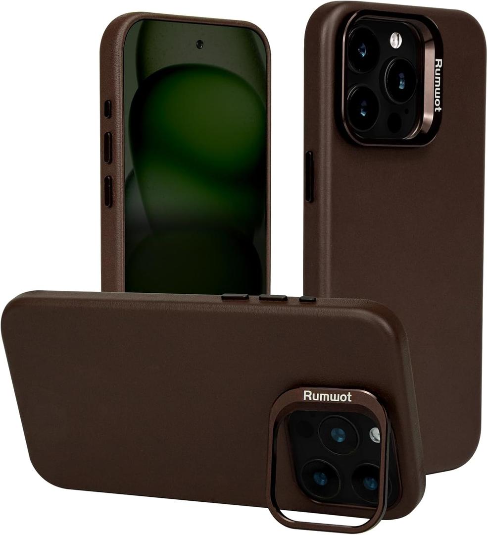Coffee Brown Genuine Leather Case for iPhone 15 Pro Max with Hidden Stand, Multifunctional Slim Fit Unique Designer Phone Protective Cover Compatible with MagSafe for Men Women