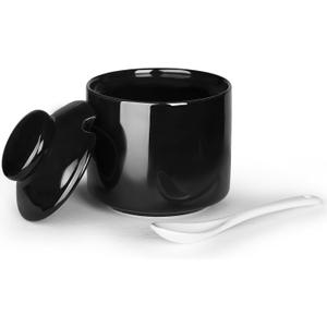 HAOTOP 8 oz Sugar Bowl with Lid and Spoon,Ceramic Sugar Jar Sugar Dispenser Sugar Container Coffee Bar Accessories, Kitchen Countertop Canisters (Black)