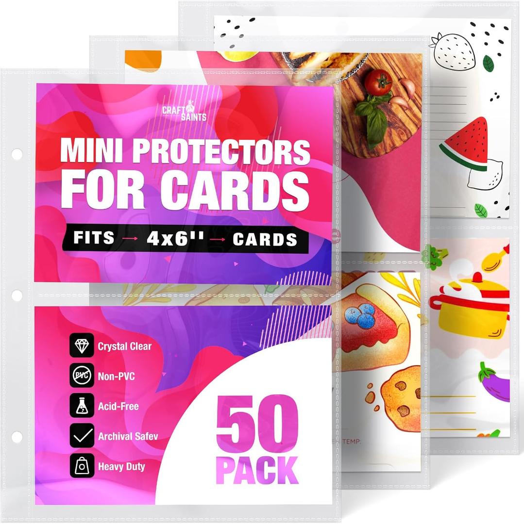 100 Pockets Mini Sheet Protectors Fit 4x6'' Cards (Pack of 50) for 8.5x9.5 Mini Binders, Half Binders, Recipe Book Page Refill Sheets, 2 Pocket Index Card Protectors, Crystal Clear Covers