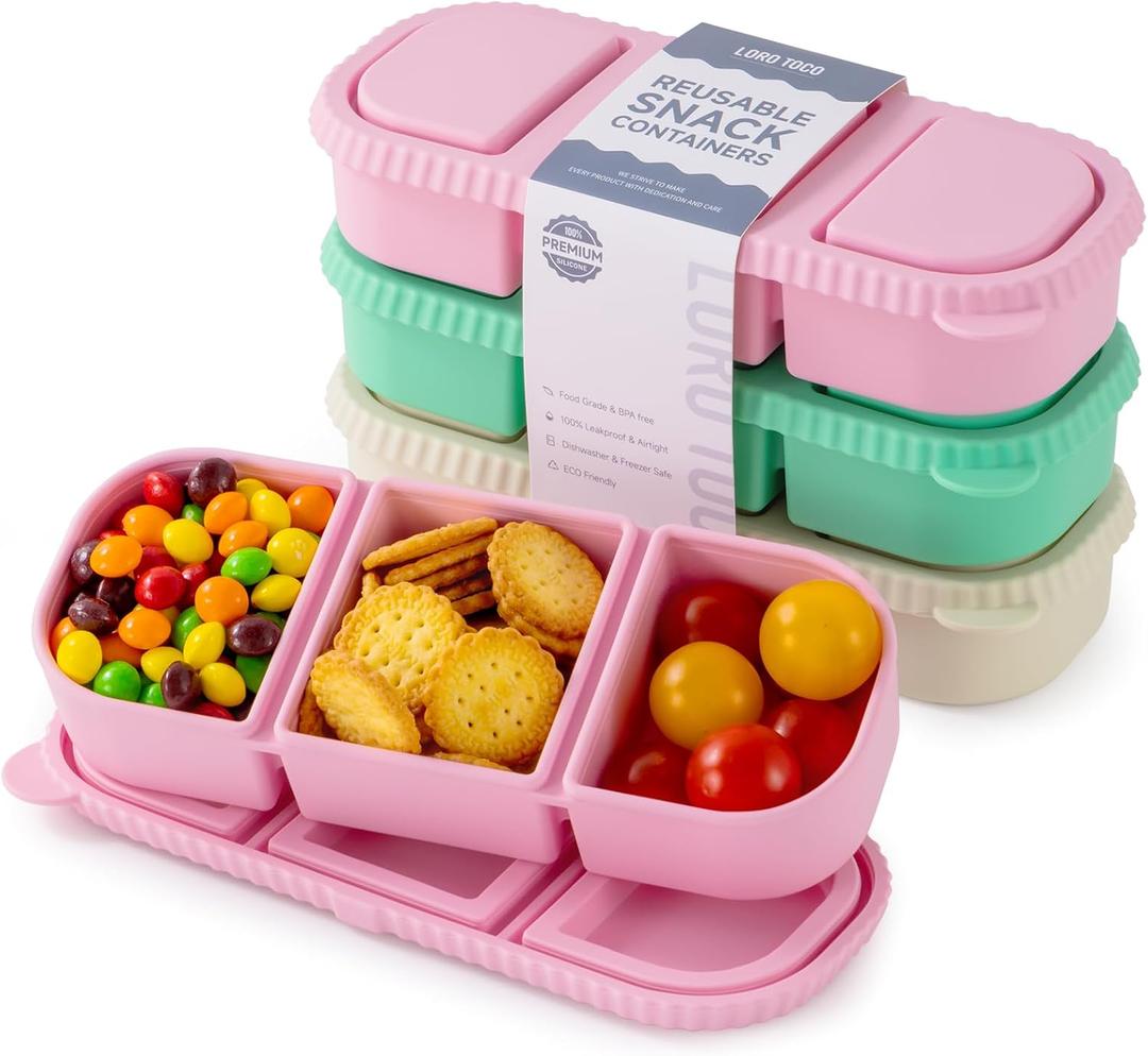 3 Pack Silicone Reusable Snack Containers with Lids - 3 Compartment Snackle Box for Kids & Adults, BPA-Free & Leakproof, for Lunchable, Sauce, School, Travel, Work Apricot, Green, Pink
