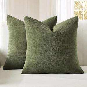 MIULEE Olive Green Couch Pillow Covers 20x20 Inch, Set of 2 Soft Chenille Decorative Square Throw Pillow Covers Farmhouse for Sofa Living Room Bed