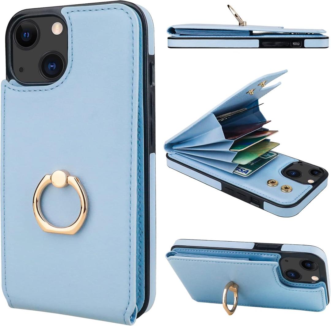 Folosu Compatible with iPhone 14 Case Wallet with Card Holder, 360Rotation Finger Ring Holder Kickstand, RFID Blocking Leather Protective Double Buttons Shockproof Cover 6.1 Inch Blue