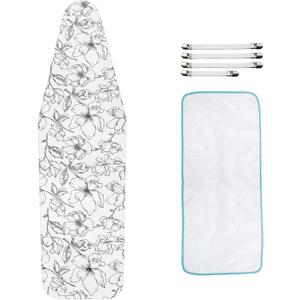 Ironing Board Cover and Pad, 21" x 57", Extra-Large Size, Thick Padding, Scorch & Stain Resistant, with Fasteners & Mesh Cloth (Floral White)