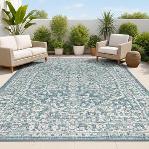JONATHAN Y SMB104B-8 Malta Bohemian Medallion Textured Weave Indoor Outdoor Area Rug, Coastal, Traditional, Transitional Easy Cleaning, Bedroom, Kitchen, Backyard, Patio, Non Shedding, Teal/Gray, 8' X 10' (7'9" x 10' (Rectangular))