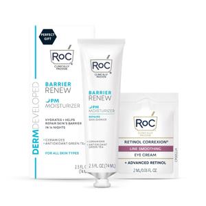 RoC Barrier Renew Night Moisturizer with Ceramides & Antioxidant Green Tea and Lipo Peptides to Renew Skin Barrier, (2.5 oz) with Retinol Eye Cream Packette