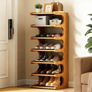 39" Bamboo Shoe Rack - Vertical Shoe Organizer Rack for Small Space, Narrow Shoe Tower for Closet, Entryway, Corner, Tall Shoe Shelf with Removable Shelves, Flexible Storage Shelf for Saving Space, 9.2"D x 19.5"W x 39"H
