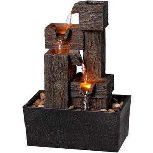 13 Inch Tabletop Water Fountain with LED Lights, Resin Wood Grain Tiered Design, Automatic Pump, Natural River Rocks for Home Office Zen Relaxation Decor Gift