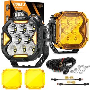 Auxbeam Cube-Z Series 4" Led Pods Lights with Amber Covers, 112W 12800LM Flood Spot Combo Offroad Driving Lights with DRL Turn Signal, Cube Ditch Light with DT Wiring Harness for Jeep ATV UTV, Pair
