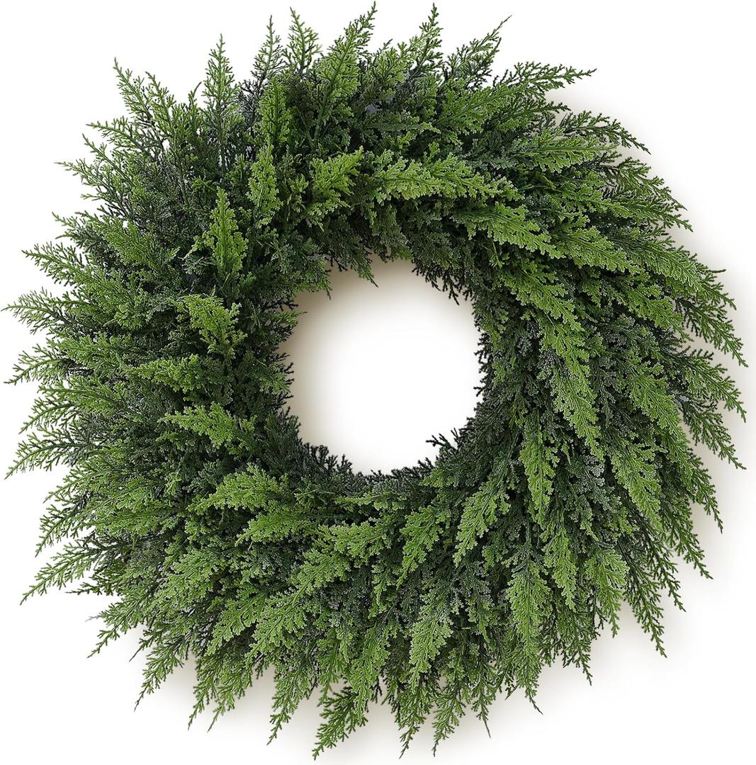 24" Real Touch Cedar Wreath for Front Door, Artificial Christmas Wreaths Faux Cedar Green Fake Pine Needles Wreath for Front Door Wall Windows Indoor Outdoor Christmas Decor