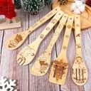 6PCS Christmas Bamboo Kitchen Utensils Set with Apron Wooden Spoons for Cooking&Serving Set Cooking Engraved Patterns for Kitchen Christmas Gifts for Women Men Mom House Kitchen Decor