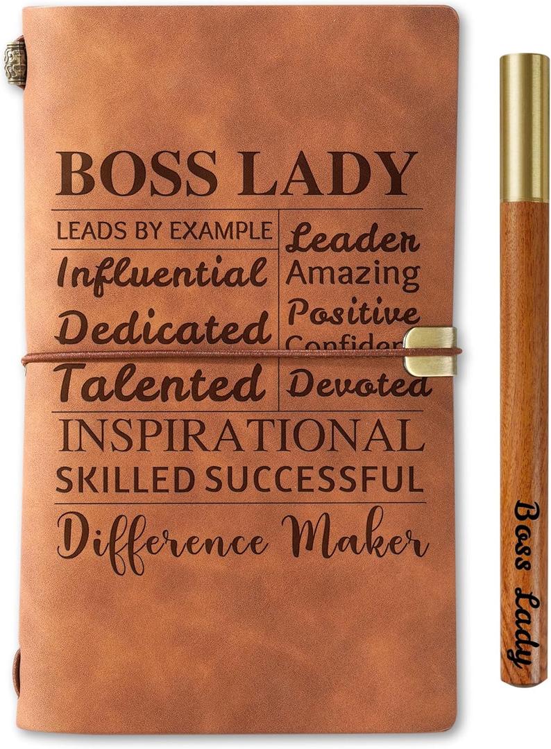 Boss Lady Gifts Journal Notebook with Pen, Gifts for Boss & Manager & Women, Refillable Sketchbook, Travel Diary, Lined Planner, 7x5 Inches, Brown
