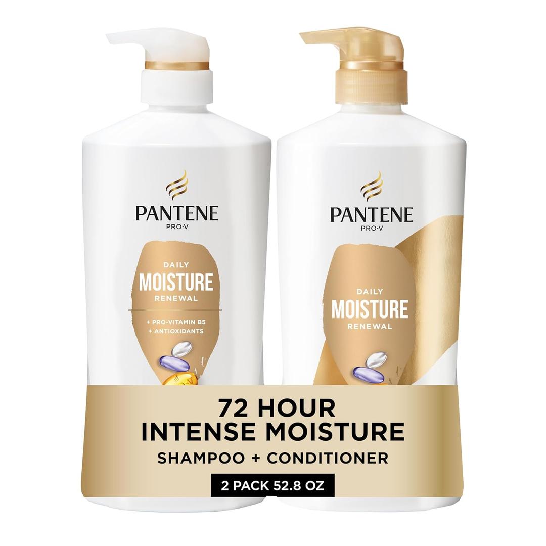 Pantene Shampoo & Conditioner Set, Daily Moisture Renewal - Pro-V Nutrients for Dry, Color-Treated, Straight to Curly Hair, 72-Hour Hydration & Softness, 52.8 Oz Total + Miracle Rescue Shot (0.5 Oz) (26.4 Fl Oz (Pack of 2))