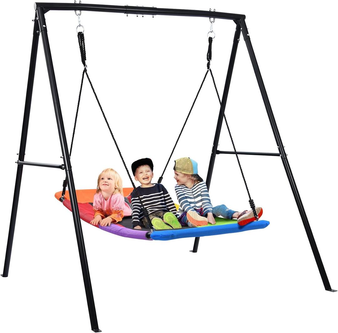 Trekassy Swing Sets for Backyard, 440lbs Heavy Duty A-Frame Metal Stand with 60" Large Platform Swing for Outdoor Playground Park (Black Frame + Rainbow Swing)Patented