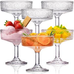 Pumtus Set of 6 Vintage Coupe Glasses, 7 OZ Embossed Martini Glass, Floral Fluted Cocktail Glasses, Unique Clear Margarita Cup, Romantic Drinking Glassware for Cocktail Wine Champagne