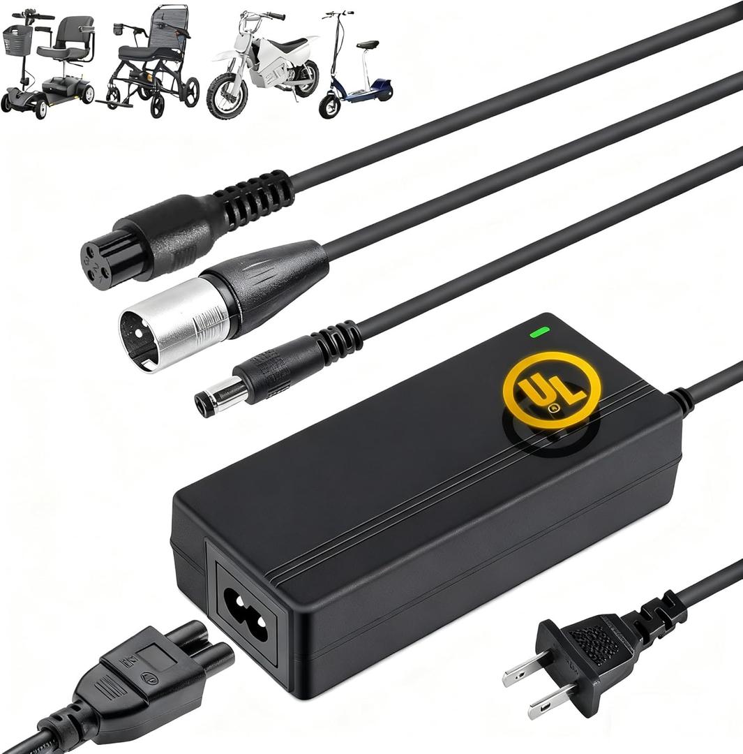 Carsty Wheelchair Charger & Mobility Scooter Charger | Universal 24V 2A Fast Charging | Safety-Certified 3-in-1 Solution (Hoverboard Compatible)