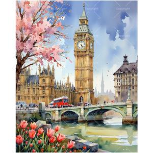 London Scene Paint by Numbers Kit for Adults - DIY Big Ben and Cherry Blossoms with Red Bus Painting on Canvas, Acrylic Paint Set for Beginners, Art for Home Decoration or Gifts(16X20IN Framed)