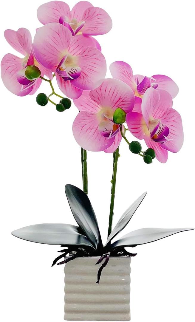 Artificial Pink Orchid Plant with White Vase, 14 Inches Tall, Realistic Orchid Artificial Flowers for Home Decor