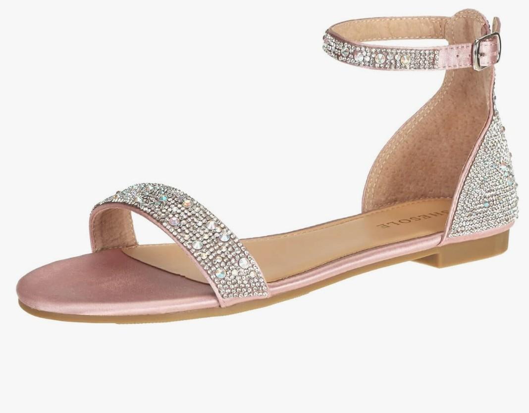 SheSole Women's Sparkly Rhinestone Strappy Flat Sandals Bridal Wedding Dress Shoes Champagne. Size 8