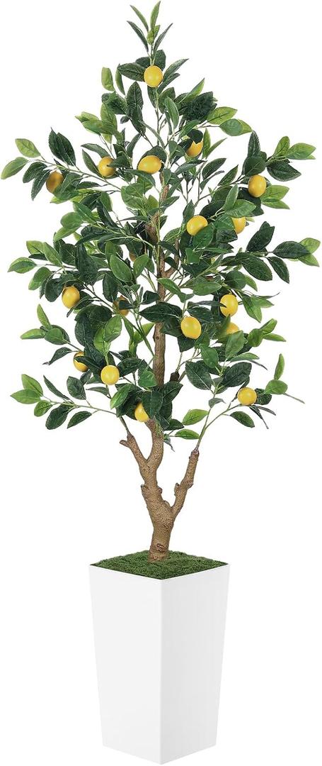 5FT Artificial Lemon Tree with Pot - 60" Fake Lemon Tree with White Tall Planter, Faux Lemon Plant with Realistic Fruits and Silk Leaves, Artificial Plants Indoor for Home Office Kitchen Decor