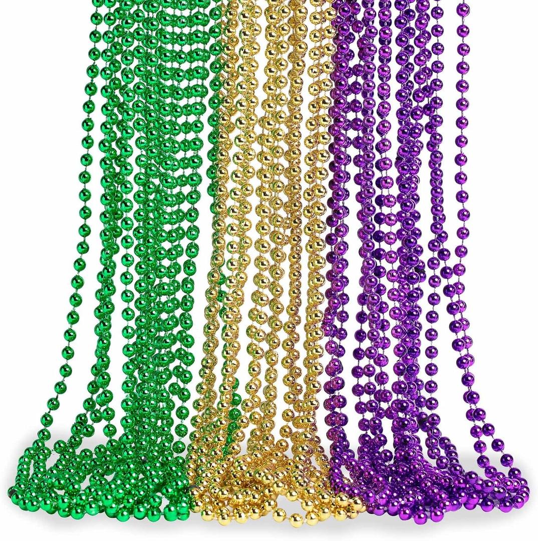 Artlunar 24 PCS Mardi Gras Beads Necklace, Pride LGBTQ Rainbow Patriotic Red Blue Silver Bead Necklaces, LGBT Beads Necklace for Pride, Patriotic Day, Party Favor, Carnival (Green Gold Purple)