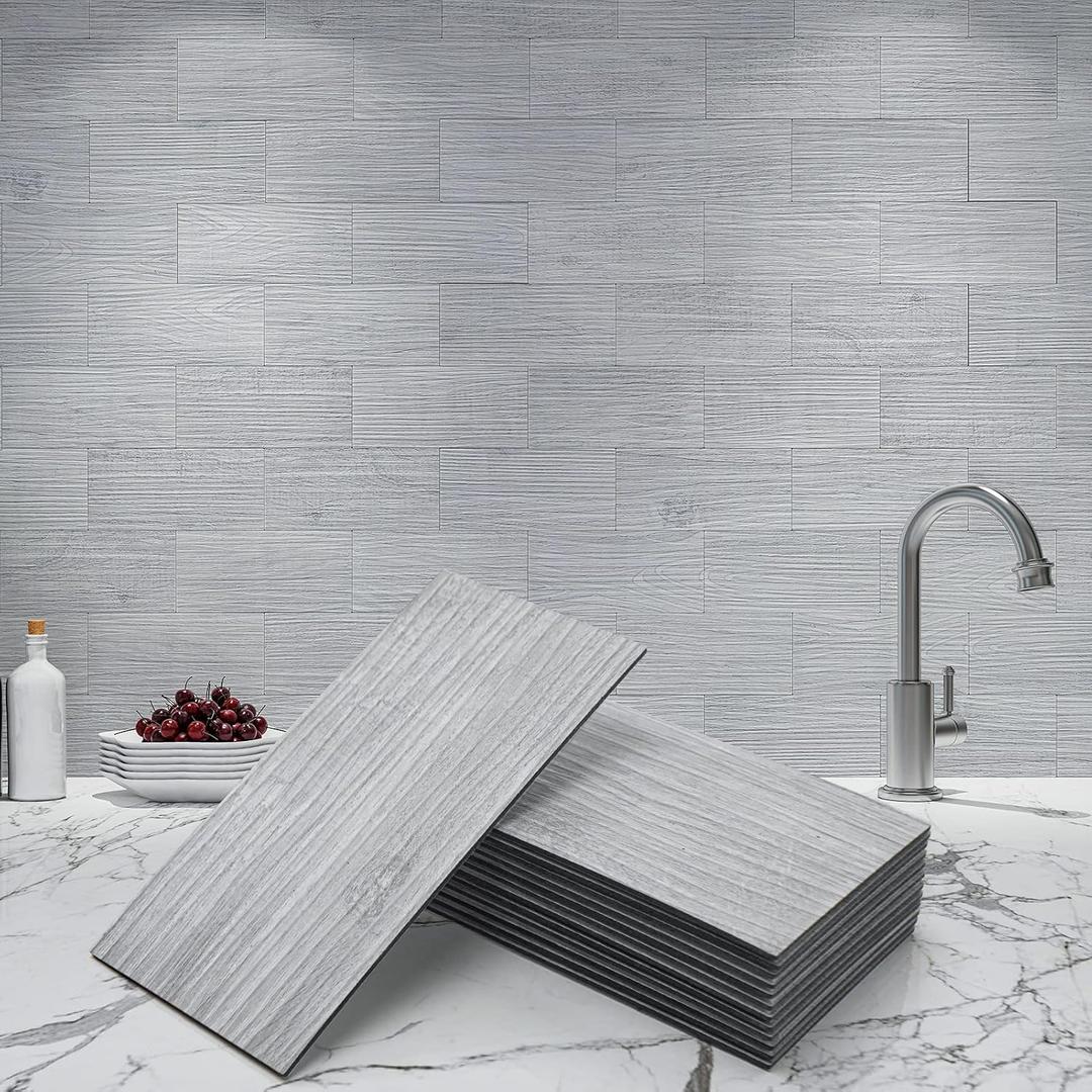 Art3d 102-Piece Peel and Stick Tile Backsplash for Kitchen Bathroom, 3in. 6in. Stick on Subway Tile White-Washed Wood Plank