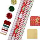 LaRibbons Christmas Wrapping Paper Sets, Gingerbread Man & Polka Dot & Stripes Design with Ribbons & Gift Tags & Metallic Pom Pom for Christmas, Holiday, 30Inch  10Feet 4 Rolls: 100 Sq.Ft.Ttl